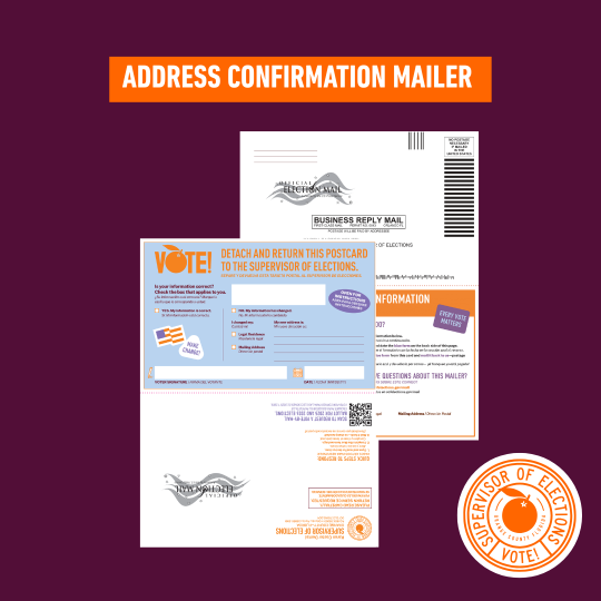Graphic with a dark purple background and an orange header that reads 'ADDRESS CONFIRMATION MAILER.' Below are images of an official election mailer, including the front and back of the postcard. The card instructs voters to confirm or update their information and return it to the Supervisor of Elections. In the bottom right corner is the orange and white seal of the Supervisor of Elections with the words 'VOTE!' inside."